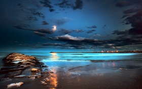 Night, lights, moon, clouds, sea, pier HD wallpaper
