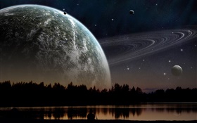 Night, mountains, lake, trees, planet, stars HD wallpaper