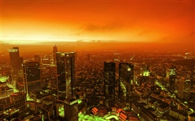 Night view city, skyscrapers, lights, dusk, red sky HD wallpaper