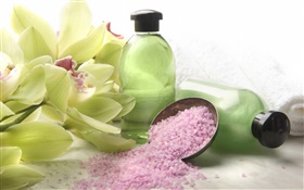 Orchid flowers, bottle, pink granules, SPA theme HD wallpaper
