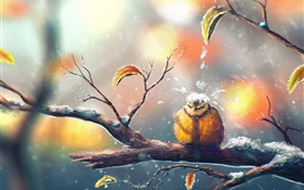 Painting, bird in winter, tree branch, snow, leaves HD wallpaper