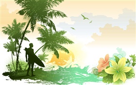 Palm trees, flowers, birds, sea, tropical, man, vector pictures HD wallpaper