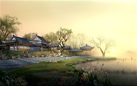 Park, dawn, road, lake, fog, pavilion, 3D render pictures HD wallpaper