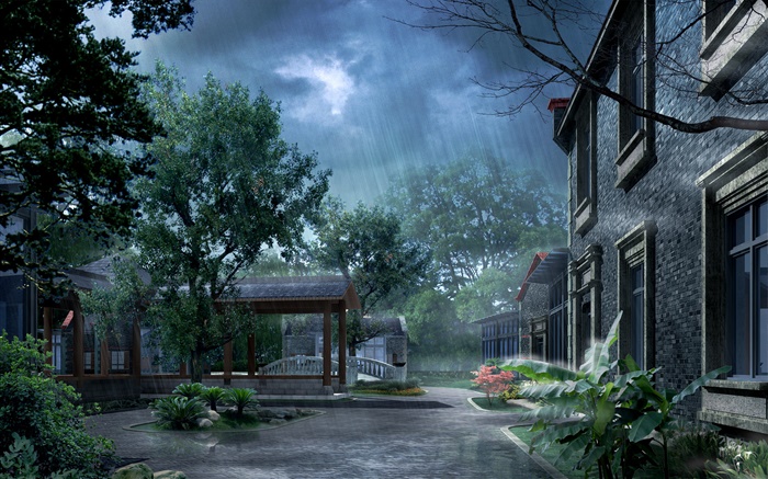 Park in the rain, house, trees, 3D render pictures Wallpapers Pictures Photos Images