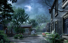 Park in the rain, house, trees, 3D render pictures HD wallpaper