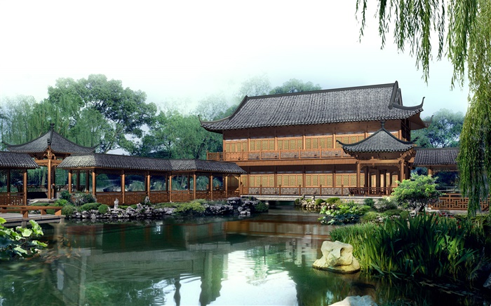 Park, lake, pavilion, covered bridge, 3D design Wallpapers Pictures Photos Images