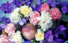 Pink and white peony, blue-purple hydrangea HD wallpaper