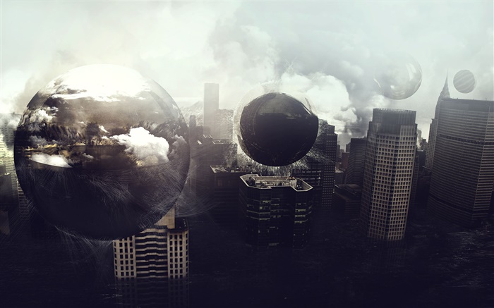 Planets, city, buildings, creative pictures Wallpapers Pictures Photos Images
