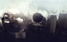 Planets, city, buildings, creative pictures HD wallpaper