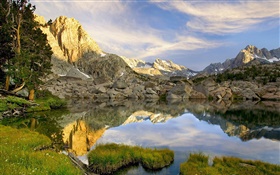 Pond, rocks, mountains, reflection HD wallpaper