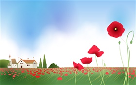Poppies, house, spring, vector pictures HD wallpaper