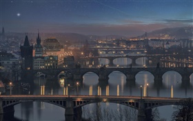 Prague, Czech Republic, bridge, river, house, night, lights