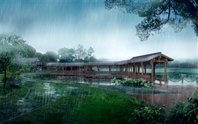 Rainy day, park, covered bridge, trees, lake, path, 3D design