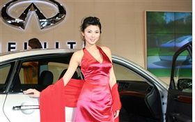 Red dress Chinese girl with car HD wallpaper
