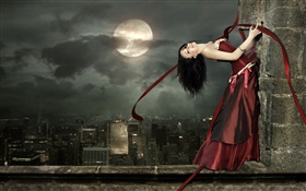 Red dress fantasy girl, happy, smile, pose, moon HD wallpaper