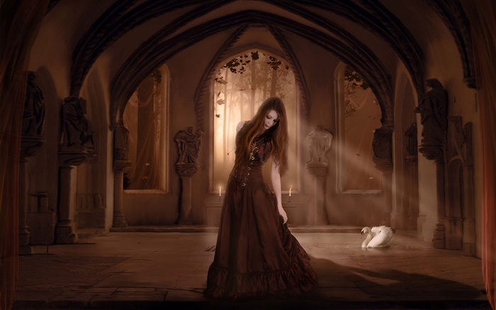 Red haired fantasy girl in room, sun rays, swan Wallpapers Pictures Photos Images