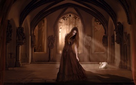 Red haired fantasy girl in room, sun rays, swan