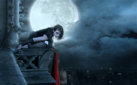 Red lip fantasy girl at moon night, city