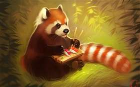 Red panda eating food, sushi, bear, creative painting HD wallpaper