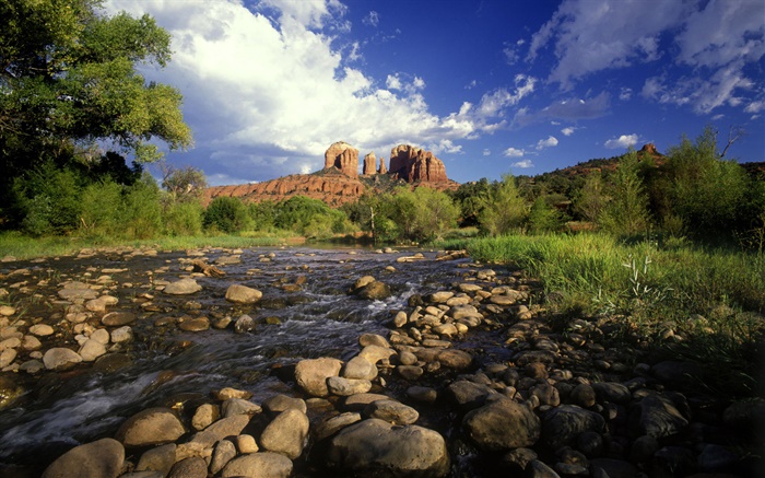 Red rock crossing, stones, river, grass, Sedona, Arizona, USA Wallpapers Pictures Photos Images