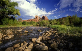 Red rock crossing, stones, river, grass, Sedona, Arizona, USA HD wallpaper