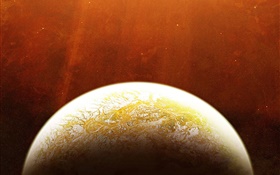 Red space, stars, yellow planet HD wallpaper