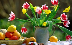 Red white petals tulips, vase, oranges HD wallpaper