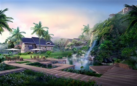 Resort, waterfall, palm trees, house, tropical, 3D design HD wallpaper