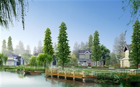 River, trees, boats, houses, 3D design picture HD wallpaper