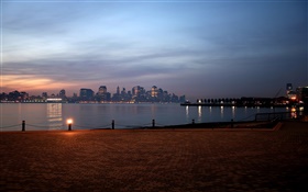 Riverside, night, city, buildings, lights HD wallpaper