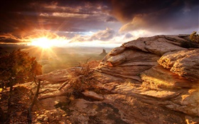 Rocks, mountains, clouds, sunset, sun rays HD wallpaper