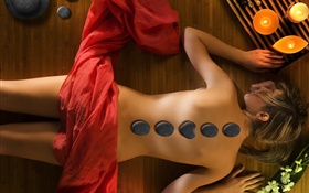 SPA, girl, stones, candles, red ribbon HD wallpaper