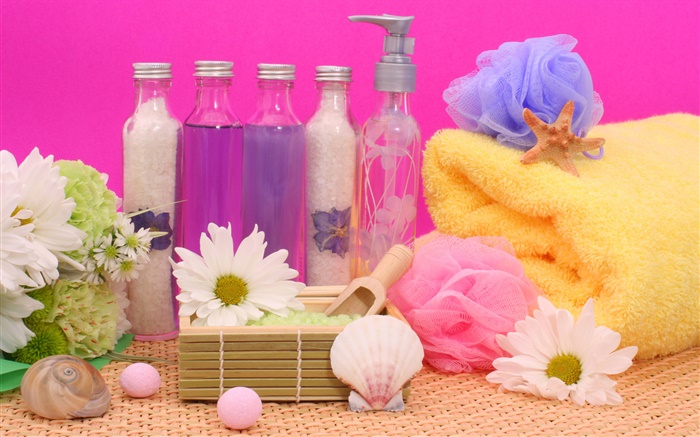 SPA still life, chrysanthemum, bottles, bath ball, towel Wallpapers Pictures Photos Images
