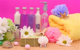 SPA still life, chrysanthemum, bottles, bath ball, towel HD wallpaper