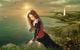 Sadness fantasy girl sit at seaside HD wallpaper
