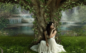 Sadness fantasy girl under the tree HD wallpaper