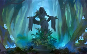 Sculpture girl, darkness, desolation, flowers, forest, art pictures HD wallpaper