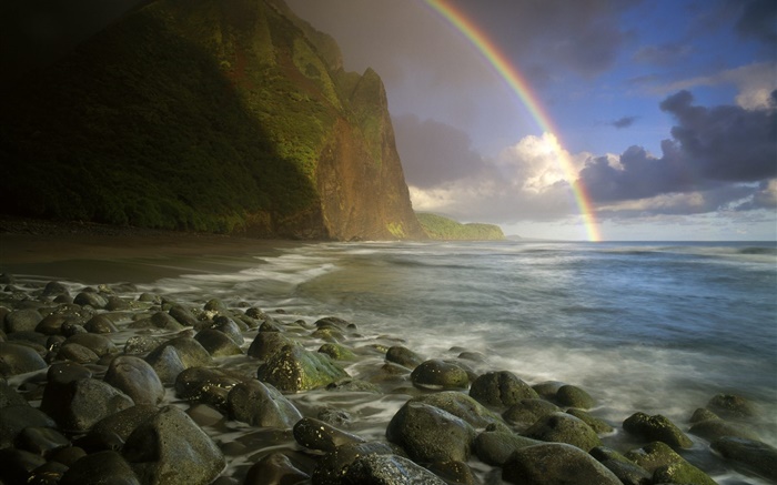 Sea, coast, stones, rainbow, clouds Wallpapers Pictures Photos Images