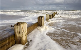 Sea, waves, fence HD wallpaper