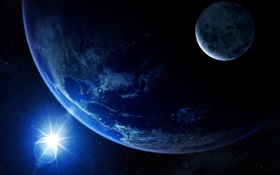 See the Earth in space, moon, sun, light HD wallpaper