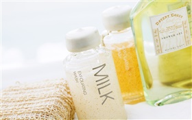 Shower gel, shampoo, SPA still life close-up HD wallpaper