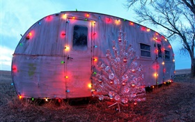 Simple house, holiday lights, Christmas tree