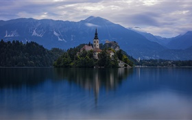 Slovenia, island, Church, lake, trees, mountains, dawn HD wallpaper