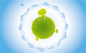 Small planet, green, girl and boy, clouds, creative vector pictures HD wallpaper