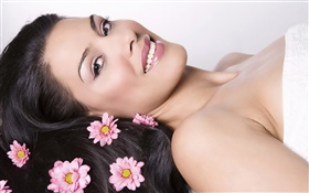 Smile woman, pink flowers, hair, SPA theme HD wallpaper