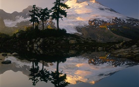 Snow mountain, trees, lake, water reflection, dusk HD wallpaper