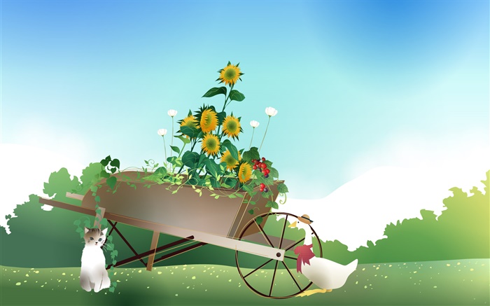 Spring, sunflowers, cat, swan, vector design Wallpapers Pictures Photos Images