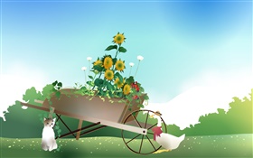 Spring, sunflowers, cat, swan, vector design HD wallpaper