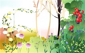 Spring theme, trees, leaves, berries, vector pictures HD wallpaper