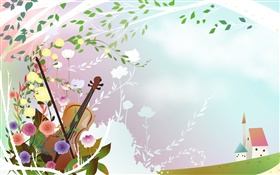 Spring themed, flowers, violin, tree, house, vector pictures HD wallpaper